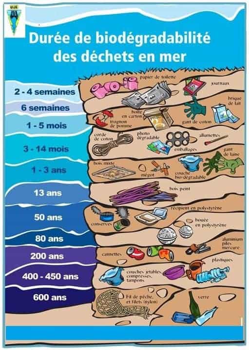 Durée de biodégradabilité des déchets en mer.