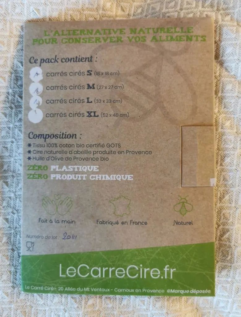Film alimentaire naturel "Le carré ciré" - Verso